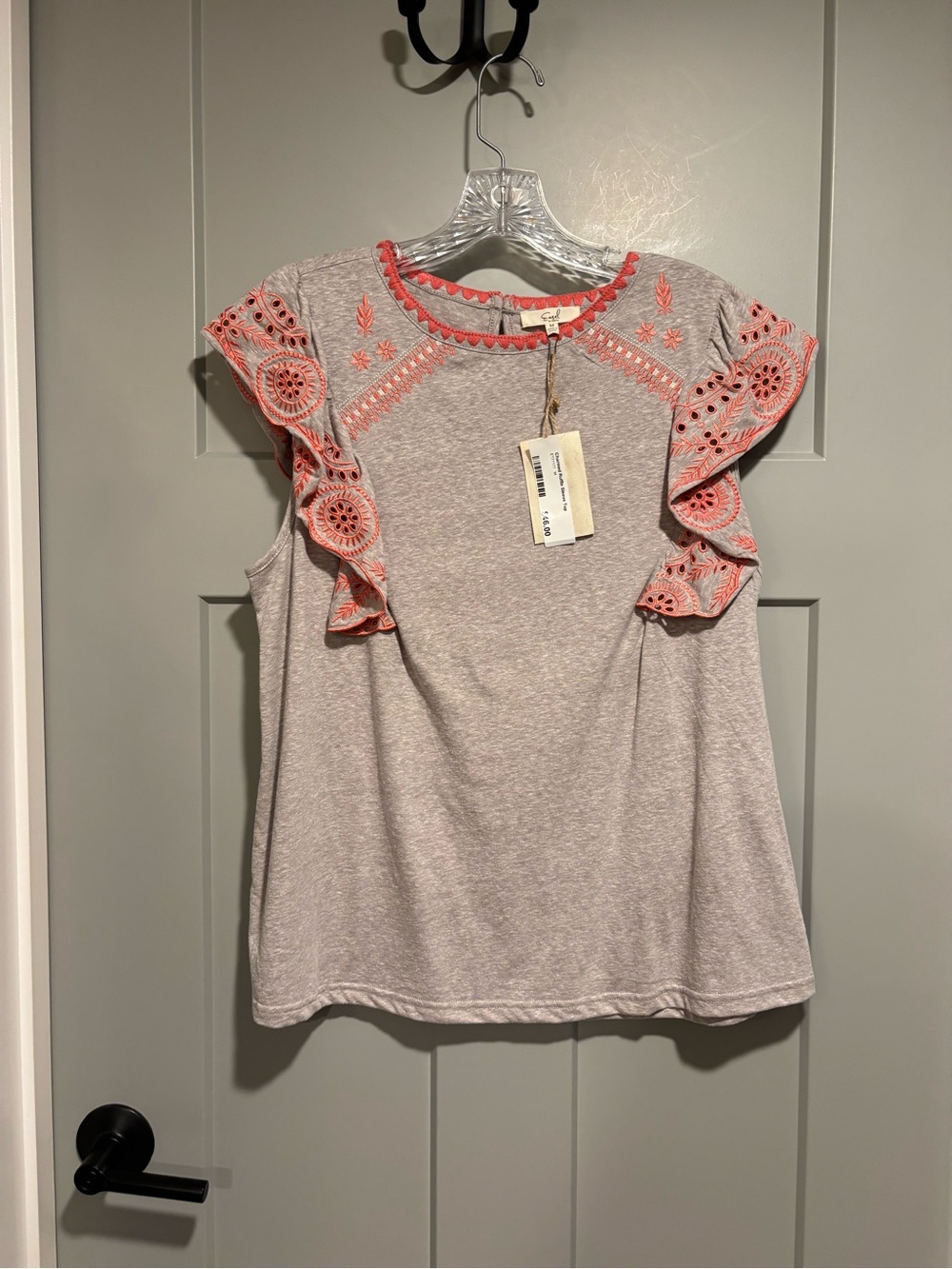 Sleeveless Heather Gray Top with Coral Eyelet Ruffle Trim